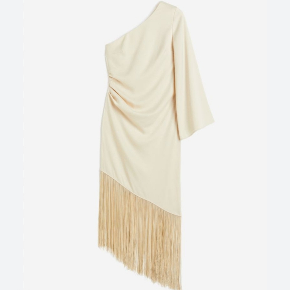H&M Cream One-Shoulder Fringe Midi Dress